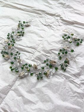 Green Crystal Leaf Vine Hair Piece - Beaded Bridal Crown